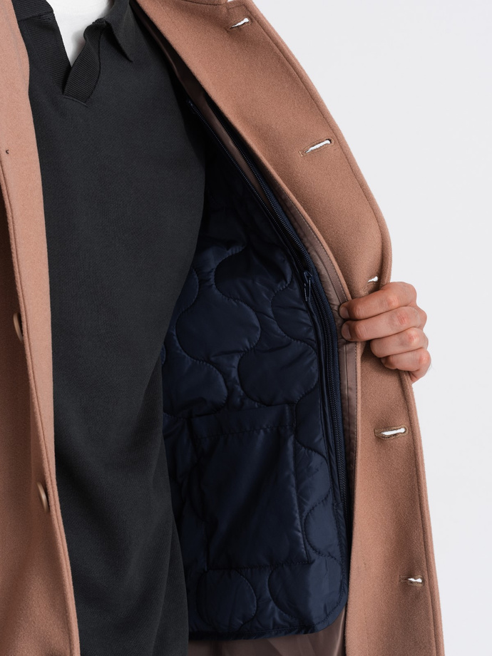 Single-breasted men's long coat with collar and bolster - brown V2 OM-COWC-0106