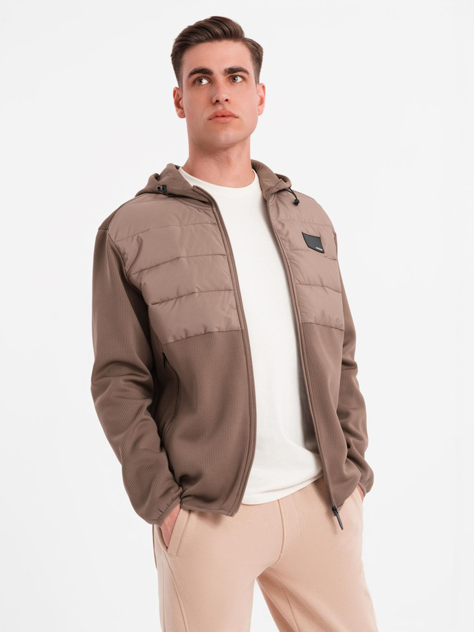 Men's lightweight jacket of combined materials with hood and decorative quilting - light brown V2 OM-JANP-0160