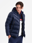 Men's winter quilted jacket of combined materials - navy blue V2 OM-JAHP-0145