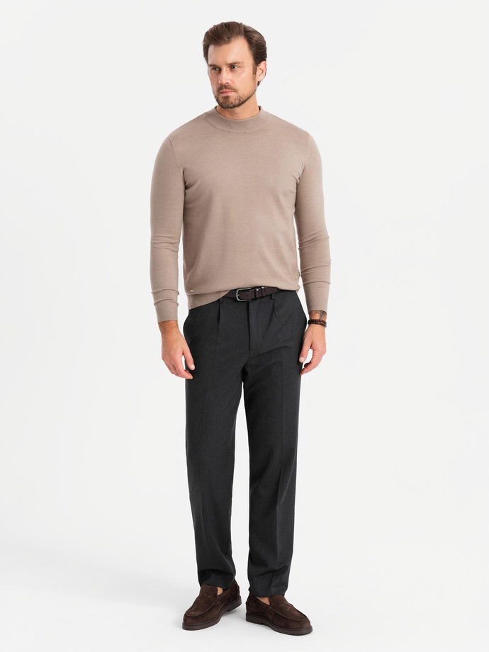 Men's knitted half turtleneck with viscose - dark beige V3 OM-SWTN-0125