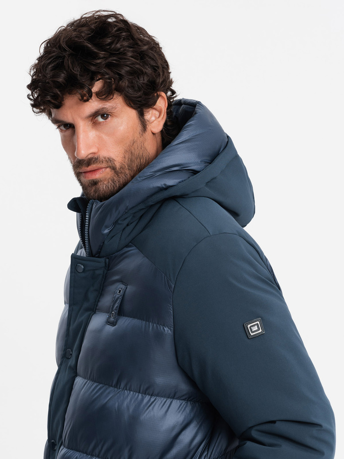 Pikowana długa męska kurtka z dużymi kieszeniami – granatowa V4 OM-JALJ-0165
