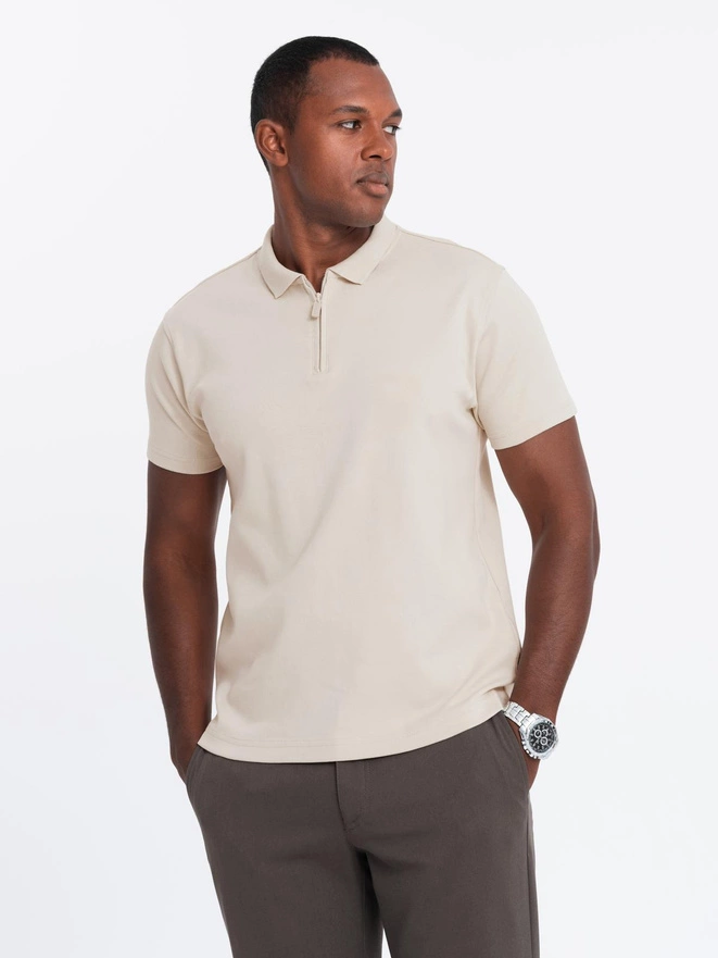 Men's polo shirt with zippered collar - cream V3 OM-POSS-0132