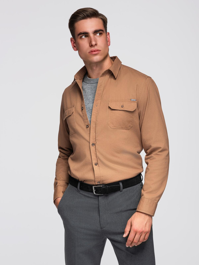 Men's REGULAR FIT cotton shirt with buttoned pockets - camel V2 OM-SHCS-0146