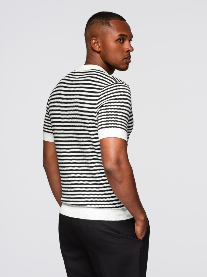 Men's knitted buttonless polo shirt with navy stripes - black and white V1 OM-POSS-0161
