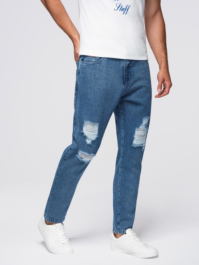 Jeansowe spodnie męskie CARROT FIT z przetarciami – niebieskie V2 OM-PADP-0250