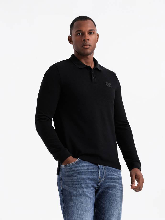 Strukturalny męski longsleeve polo z naszywką – czarny V1 OM-POLS-0131