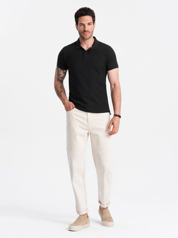 Jednokolorowa koszulka męska polo BASIC z dzianiny pique - czarna V1 OM-POBS-0100