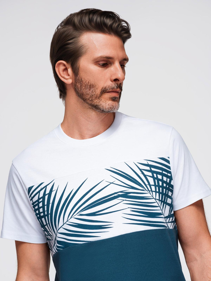 Men's two-tone t-shirt with palm leaf print - dark blue V1 OM-TSPT-0177