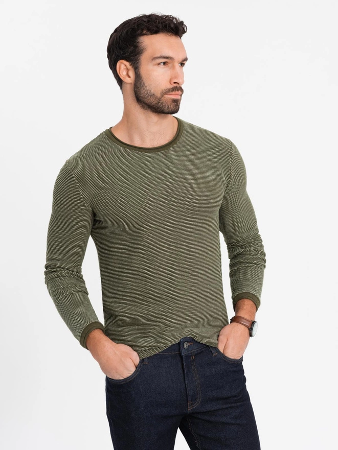 Men's knitted sweater with structured dots - olive V2 OM-SWSW-0118