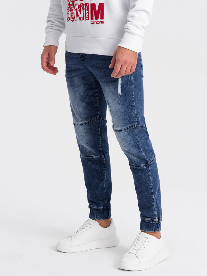 Men's marbled JOGGERS pants with rubbing - blue V4 OM-PADJ-0153