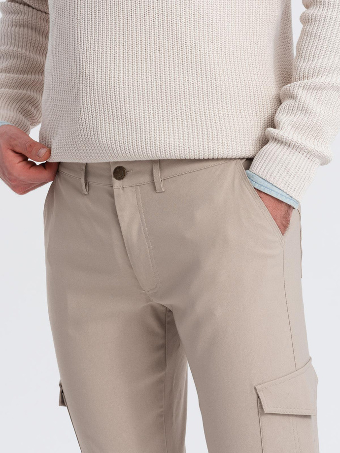 Men's REGULAR fabric pants with cargo pockets - beige V3 OM-PACG-0178