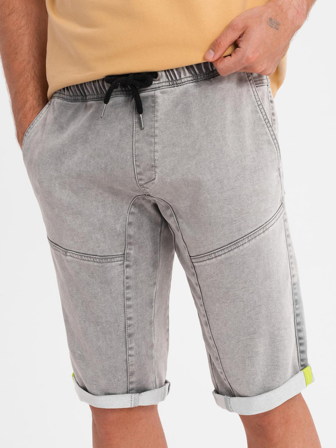 Men's denim short shorts with decorative stitching - light grey V1 OM-SRDS-0135
