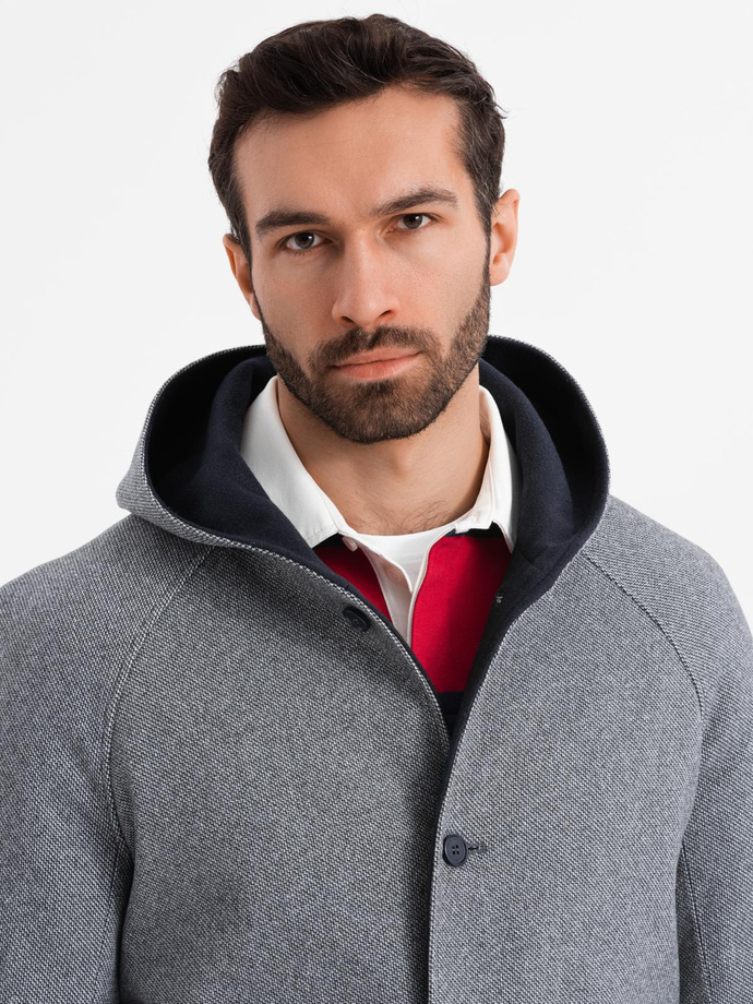 Men's melange long coat with hood - grey V1 OM-COWC-0122