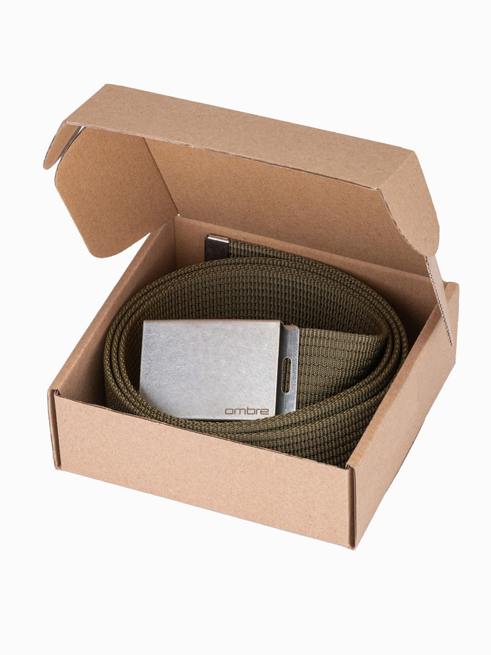 Pasek męski parciany z klamrą w kolorze postarzonego srebra – khaki A029