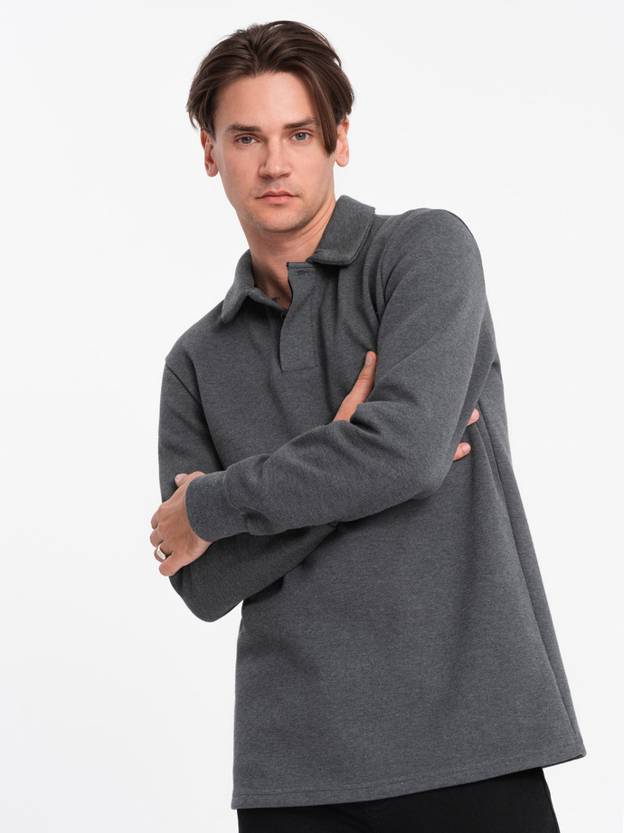 Men's structured knit polo collar sweatshirt - graphite melange V1 OM-SSNZ-0149