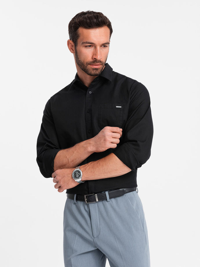 Bawełniana męska koszula z kieszenią REGULAR FIT - czarna V1 OM-SHCS-0147