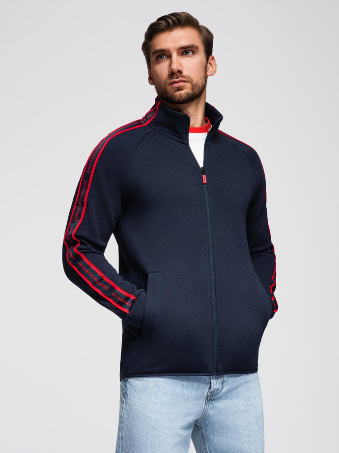 Men's unbuttoned sweatshirt with piping and high collar - navy blue V3 OM-SSZP-0224