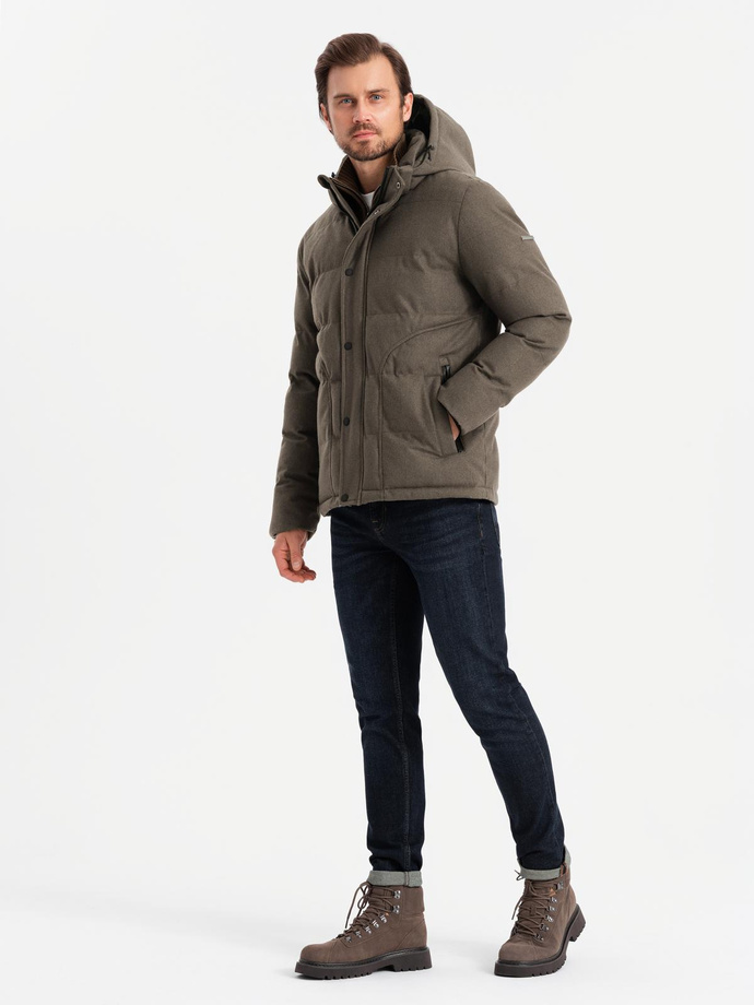 Męska kurtka casualowa puffer z wełną – ciemnooliwkowy melanż V4 OM-JAHP-0203