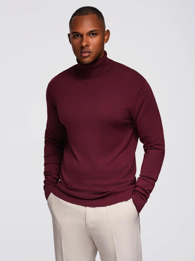 Men's single color knitted turtleneck with viscose - maroon V4 OM-SWTN-0101