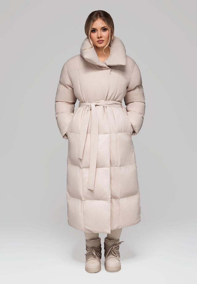 Women's quilted long jacket with belt OW-JALJ-0104 v2 - beige