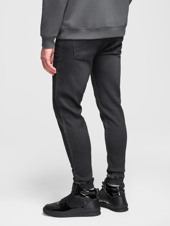 Men's denim jogger pants with drawstring waistband - black V4 OM-PADJ-0242