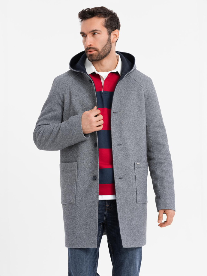 Men's melange long coat with hood - grey V1 OM-COWC-0122