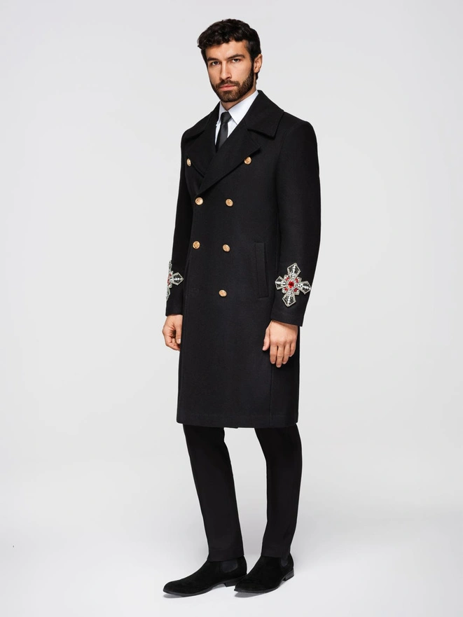 Men's double-breasted coat with wool and bead appliqués on sleeves - black V1 OM-COWC-0148