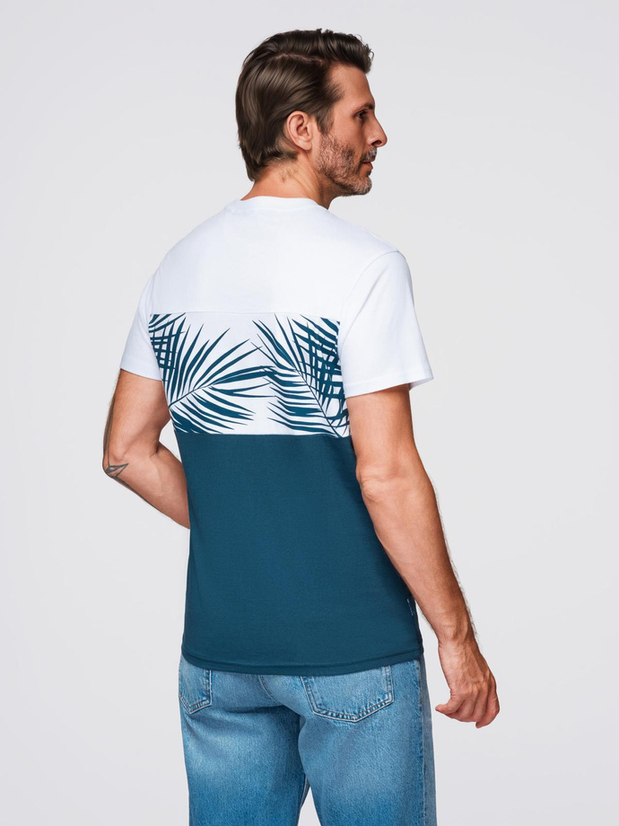 T-shirt meski dwukolorowy z nadrukiem w liście palmy - ciemnoniebieski V1 OM-TSPT-0177