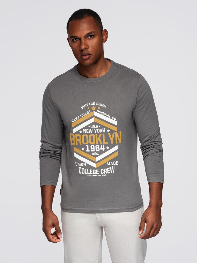 Longsleeve męski z nadrukiem w stylu collegowym - szary V1 OM-LSPT-0117