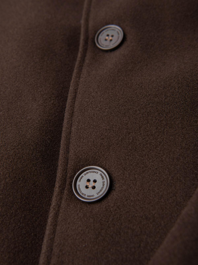 Single-breasted men's long coat with collar and bolster - brown V4 OM-COWC-0135
