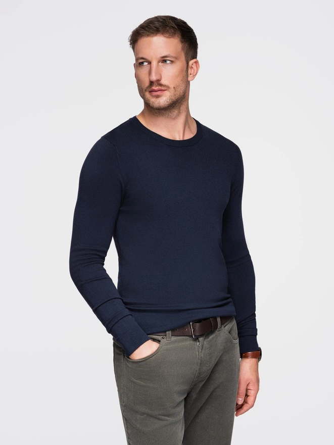 Classic men's sweater with round neckline - navy blue V9 OM-SWBS-0106