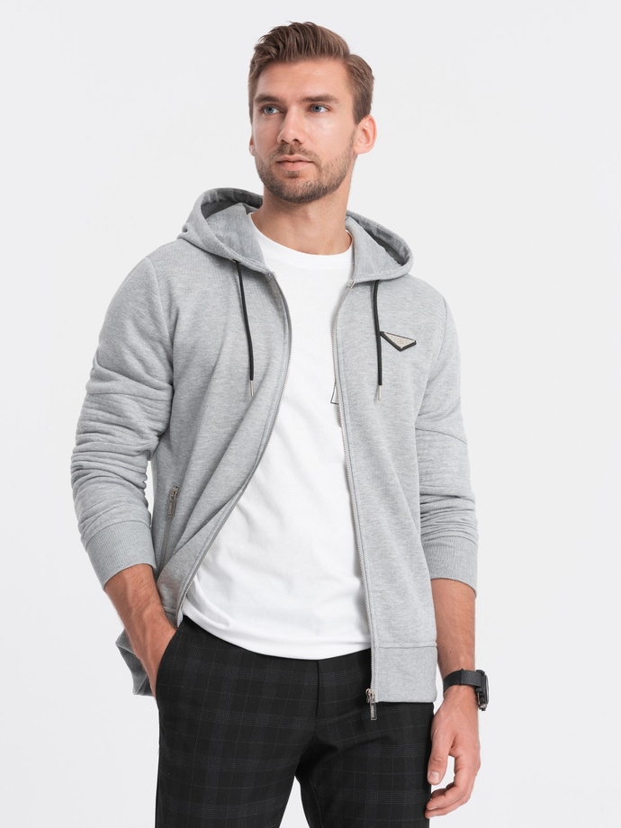 Men's unbuttoned hooded sweatshirt - grey melange V2 OM-SSZP-22SS-010