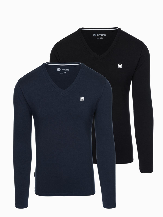 Komplet męskich longsleeve'ów SLIM FIT z dekoltem typu V i logotypem 2-pak – mix granatowy/czarny V3 Z103