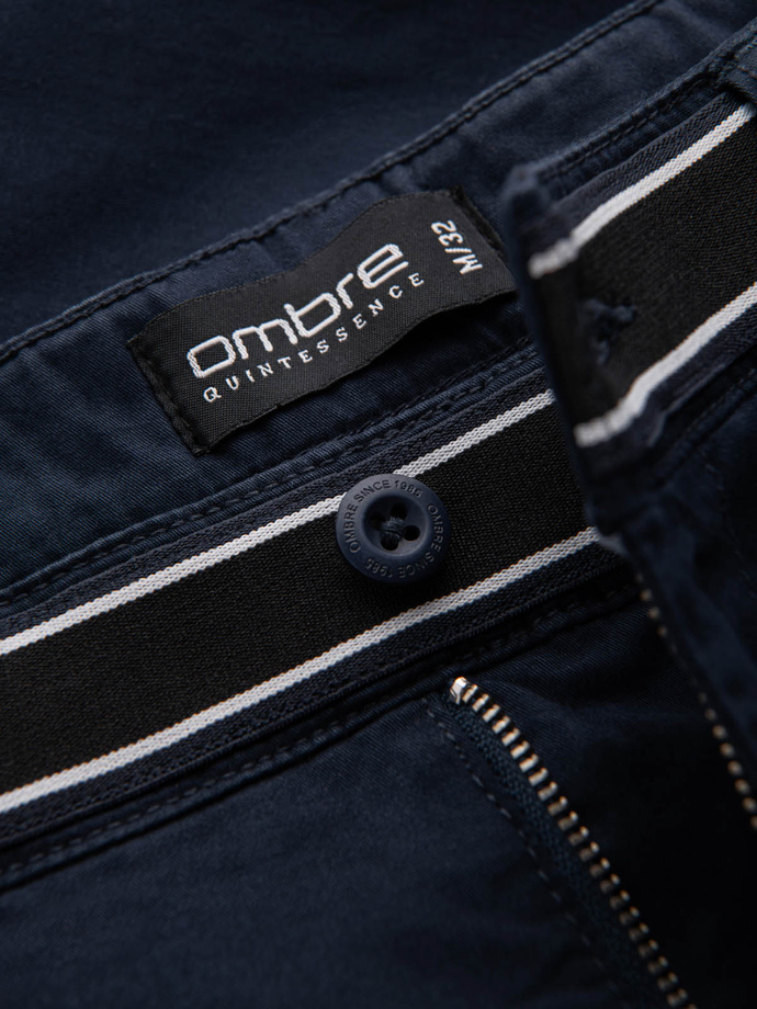 Męskie spodnie chino z ozdobną taśmą w pasie SLIM FIT – granatowe V2 OM-PACP-0118