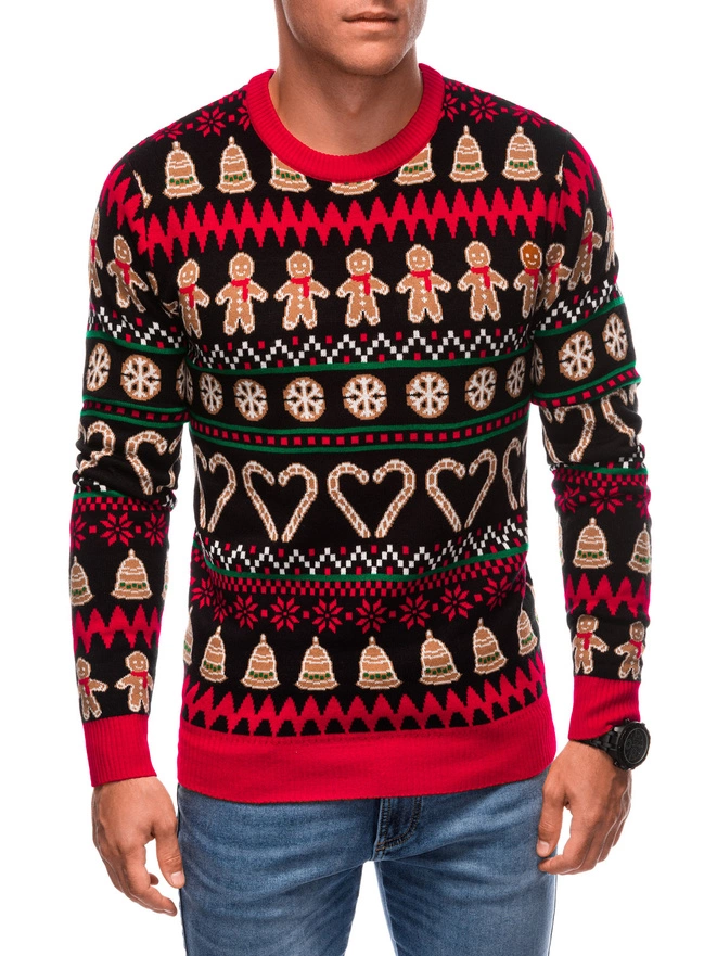 Men's Christmas Norwegian gingerbread sweater - black and brown V1 EM-SWOS-0105