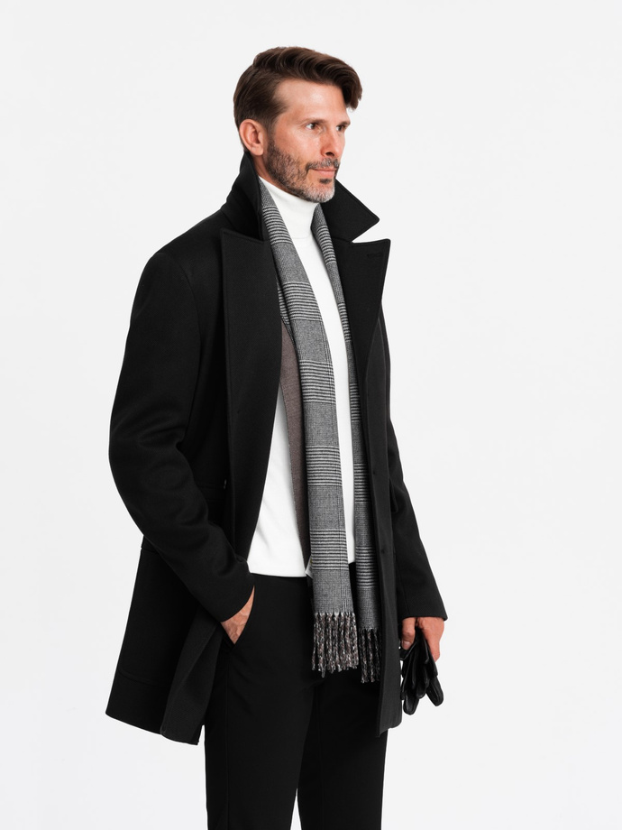 Men's single-breasted patterned coat with pockets - black V2 OM-COWC-0108