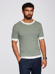 Men's knitted t-shirt with navy stripes and openwork weave - olive and white V3 OM-TSCT-0255