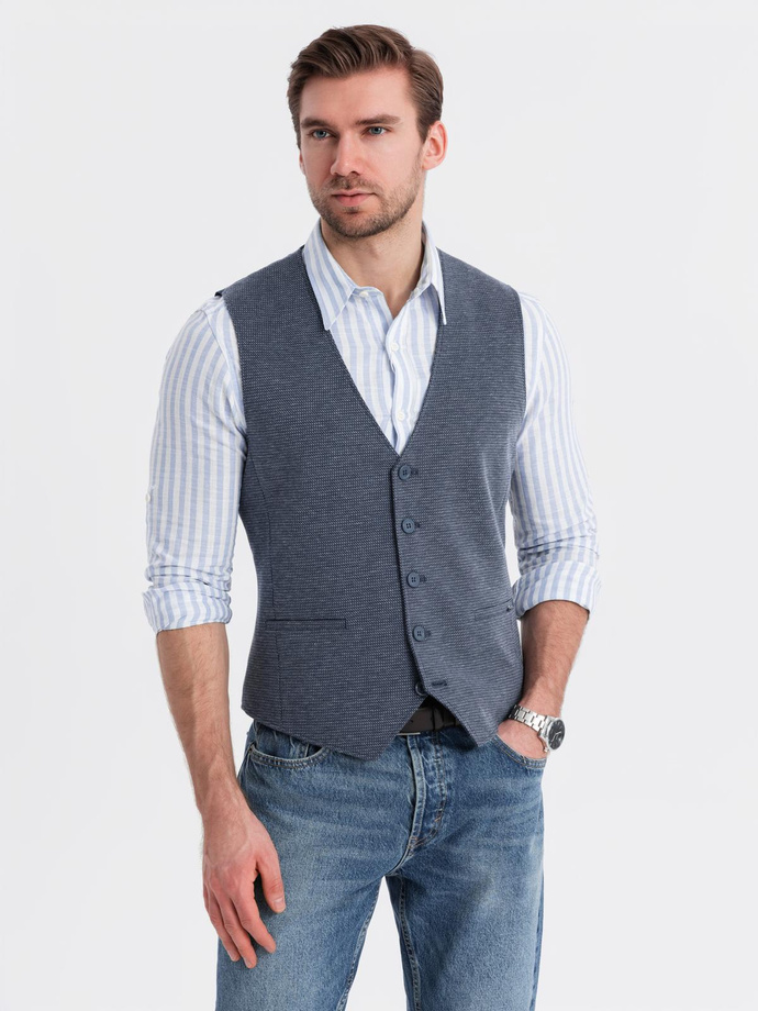 Fitted elegant men's structured knit vest - navy blue V1 OM-BLZV-0147