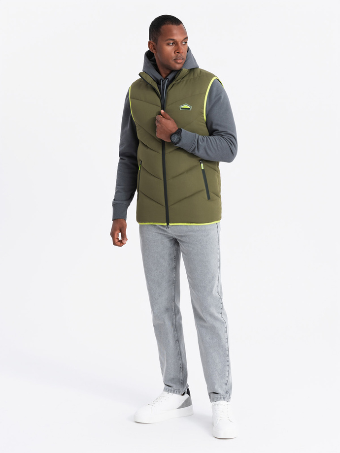 Men's quilted sleeveless jacket with neon accents - olive V5 OM-JAVJ-0210