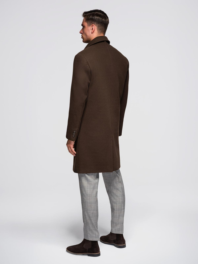 Single-breasted men's long coat with collar and bolster - brown V4 OM-COWC-0135