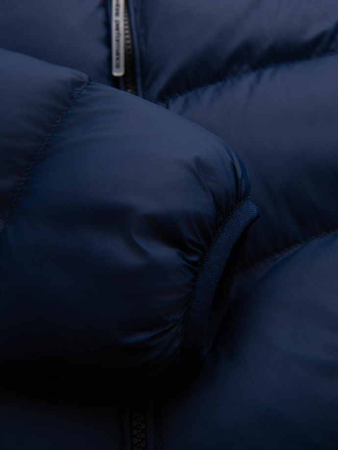 Modern men's quilted jacket of combined materials - navy blue V2 OM-JAHP-0303