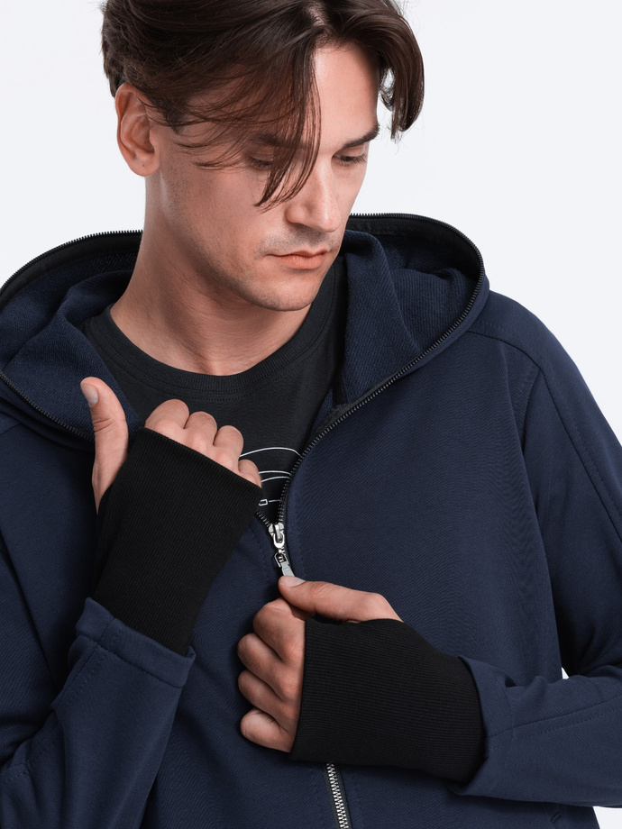 Longer men's unbuttoned sweatshirt with spacious hood PRAGA - navy blue B1369