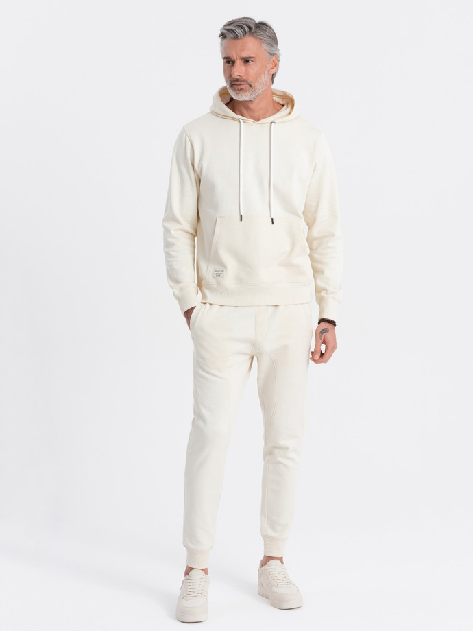 Men's tracksuit set jogger pants + kangaroo sweatshirt - cream V11 Z81