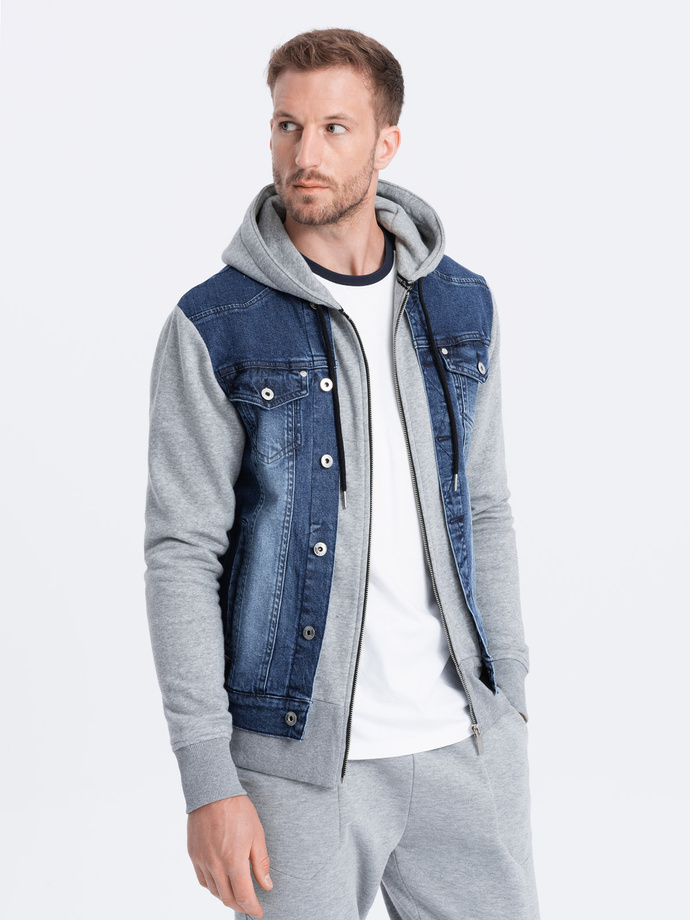 Men's mid-season jeans jacket - denim/grey OM-JADJ-0124