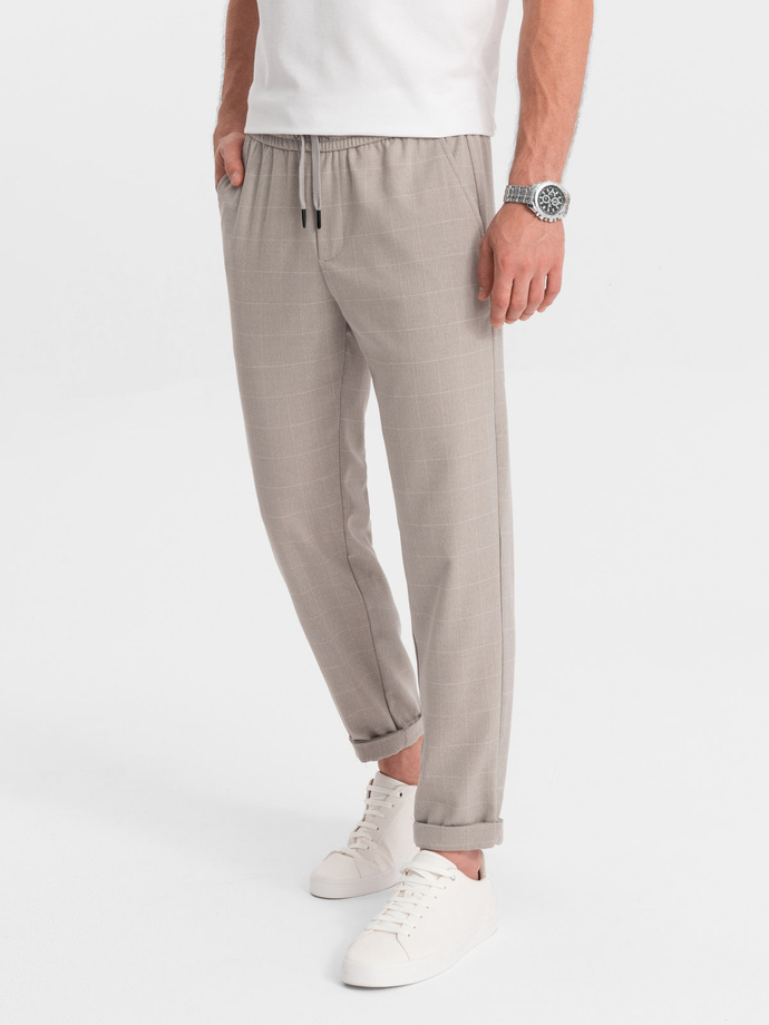 Men's checkered pants with elastic waistband - light gray V1 OM-PACP-0122