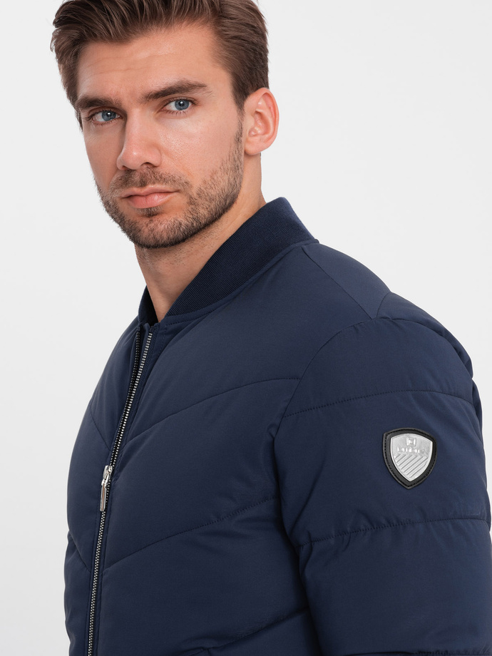 Men's quilted bomber jacket with metal zippers - navy blue V2 OM-JALP-0143