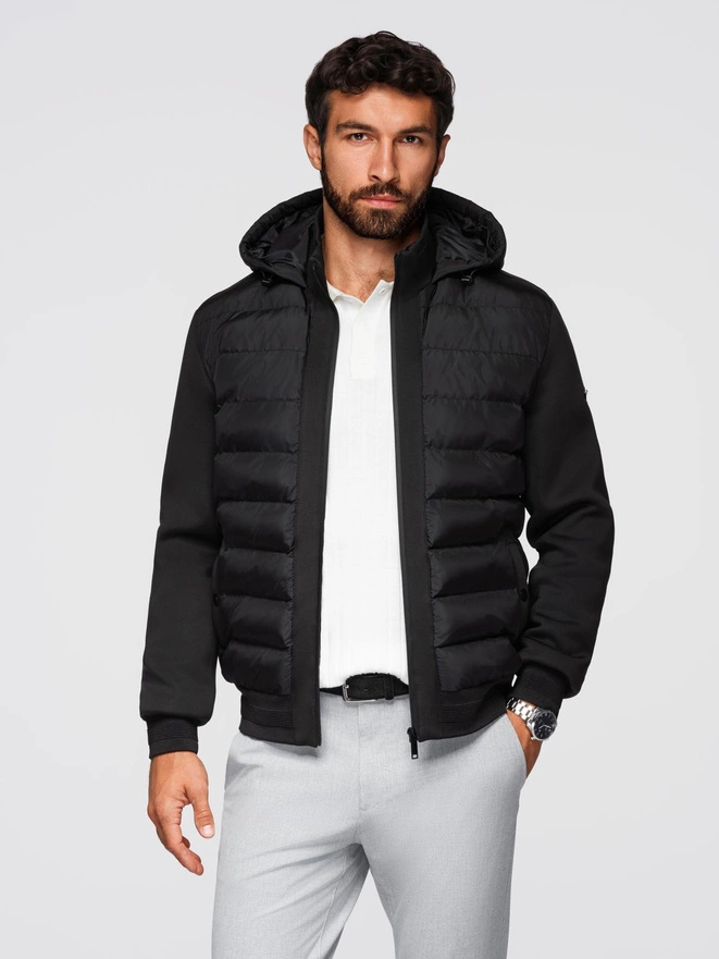 Quilted bomber jacket with hood and knitted sleeves - black V1 OM-JALP-0298