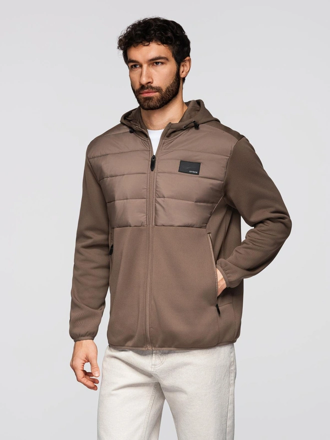 Men's lightweight jacket of combined materials with hood and decorative quilting - light brown V2 OM-JANP-0160