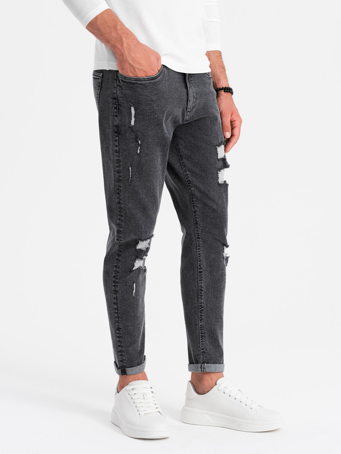 Washowane męskie spodnie jeansowe TAPERED FIT z przetarciami – grafitowe V3 OM-PADP-0163