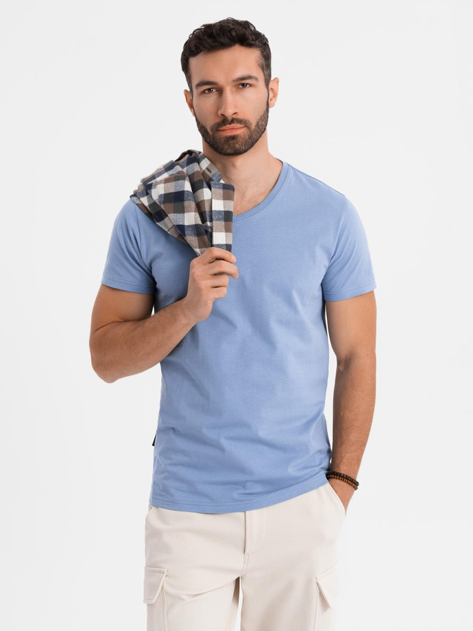 BASIC men's classic cotton T-shirt with a serape neckline - blue V20 OM-TSBS-0237